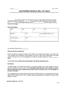 California Vehicle Bill of Sale Template [PDF & Word] | LegalTemplates