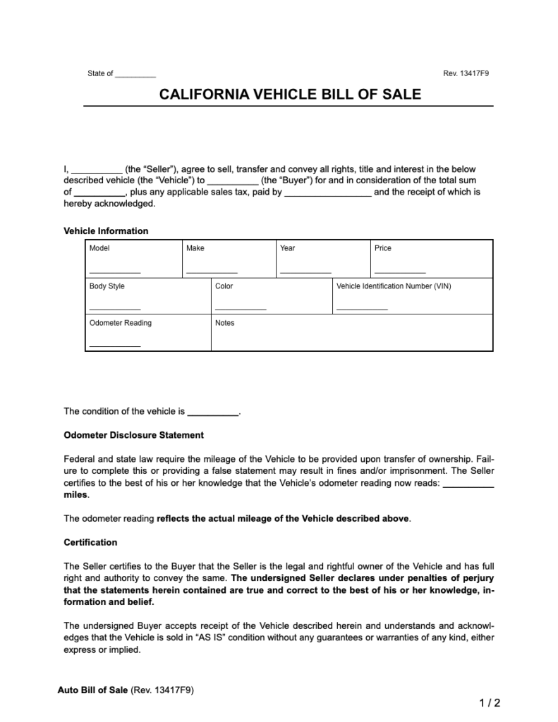 California Vehicle Bill of Sale Form [PDF & Word]