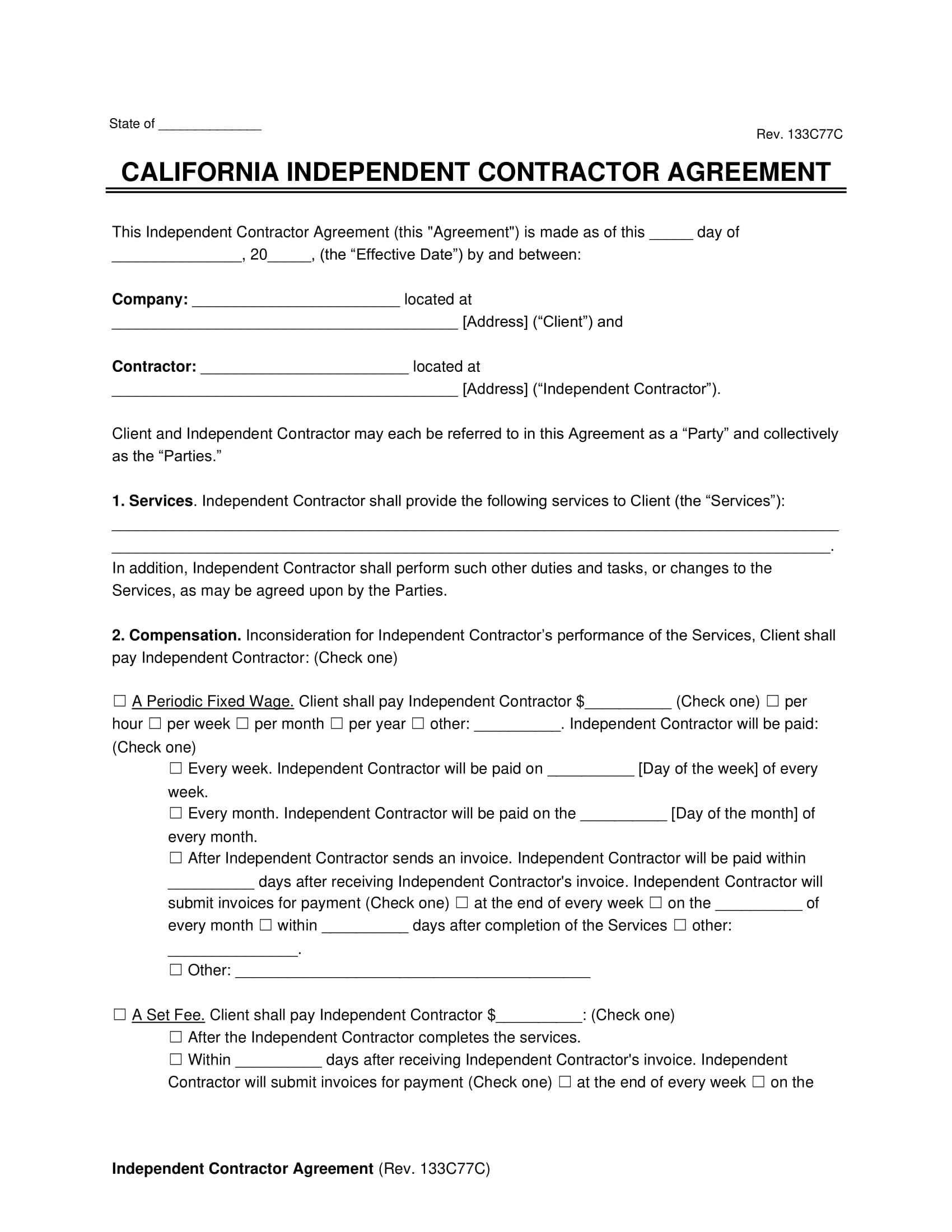 California Independent contractor agreement screenshot