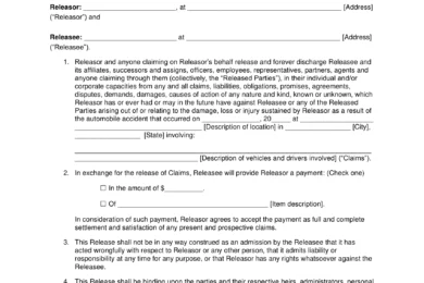 Car Accident Release of Liability Form