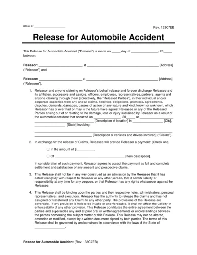 Car Accident Release of Liability Form