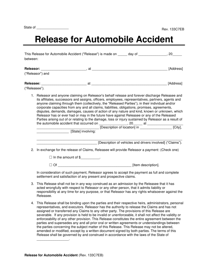 Free Car Accident Release of Liability Form (Settlement Agreement ...