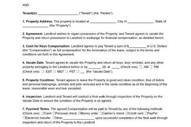 Cash for Keys Agreement Form