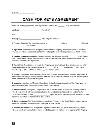 Cash for Keys Agreement Form