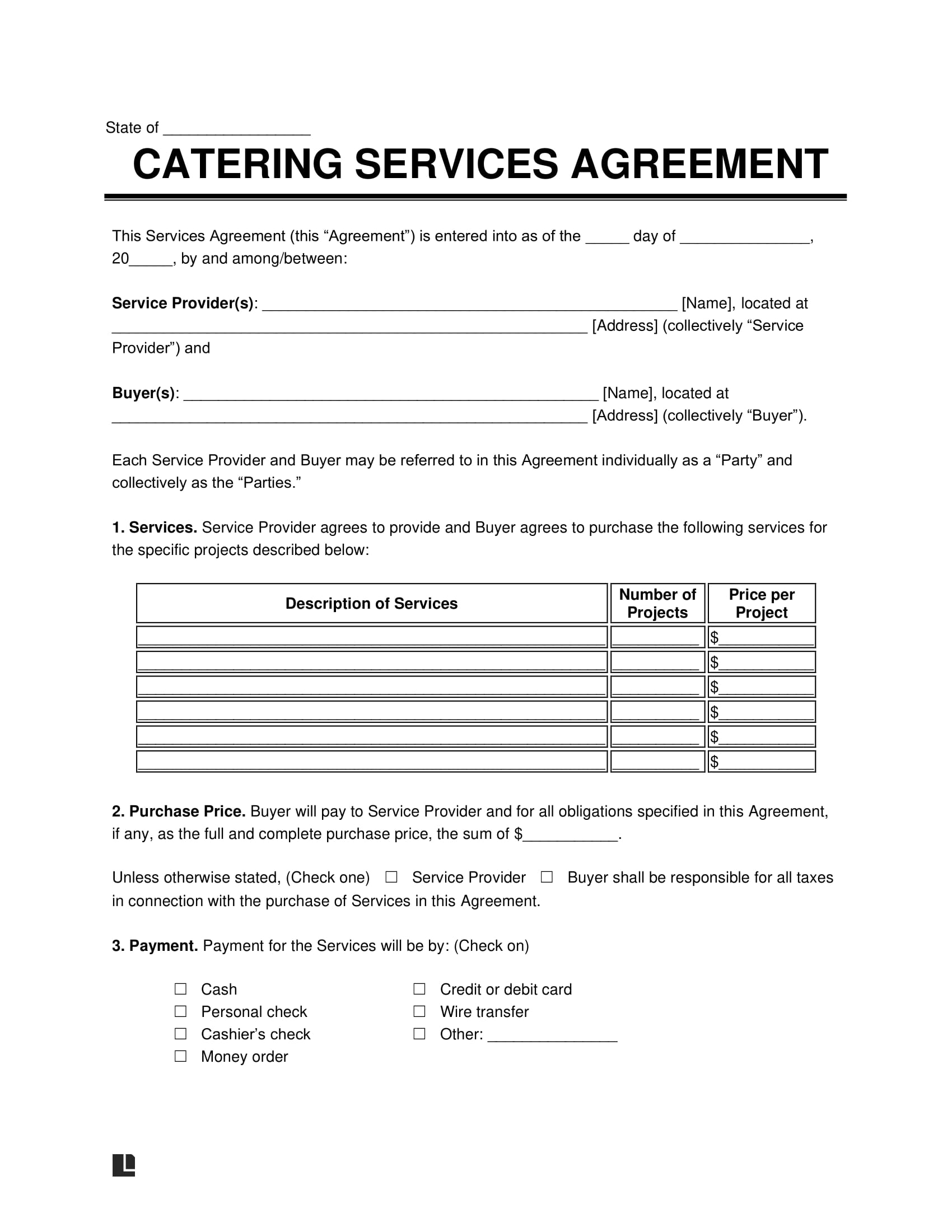 Catering contract screenshot