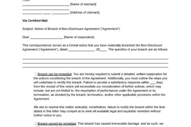 Cease and Desist Letter for Violation of Non-Disclosure Agreement Template