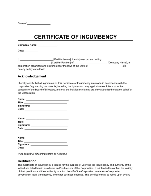 Certificate of Incumbency template