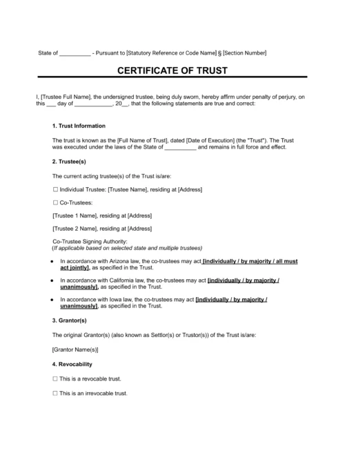 Certificate of Trust form template