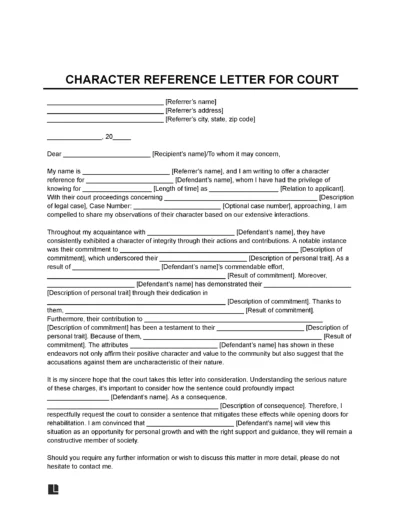 Character Reference Letter for Court Template