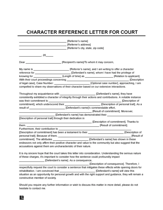 Character Reference Letter for Court Template