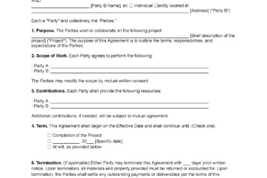 Collaboration agreement template in a fillable form
