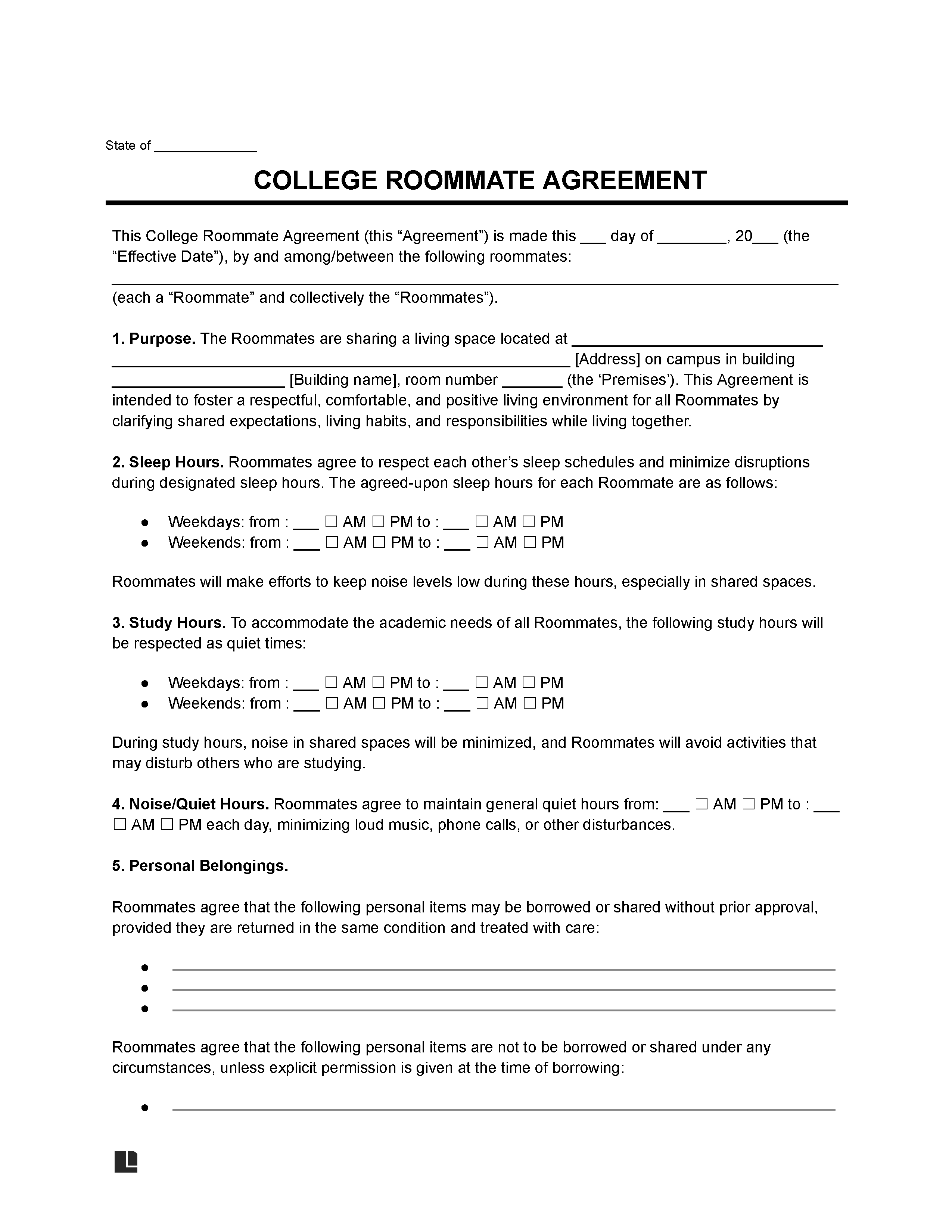 College Roommate Agreement Template