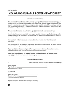 Colorado Durable Statutory Power of Attorney Form