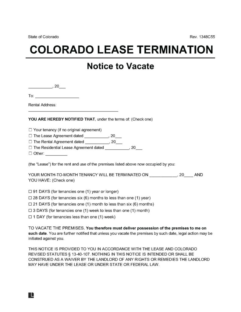 Free Colorado Notice to Vacate | Lease Termination Letter | PDF & Word