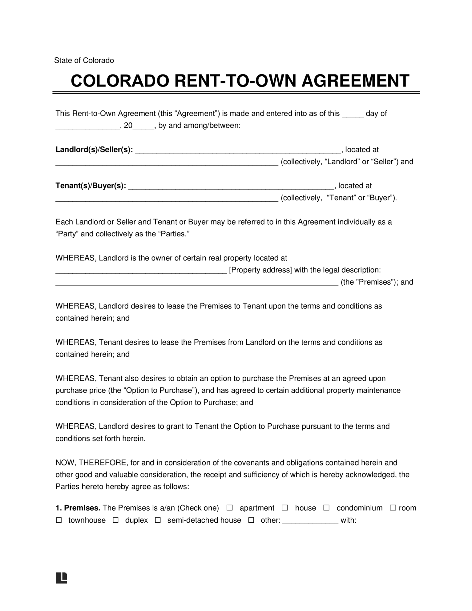 Free Colorado Rent to Own Lease Agreement Template PDF Word