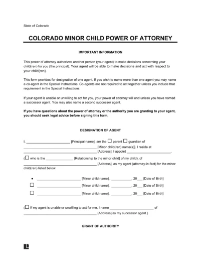 Colorado Minor Child Power of Attorney Form