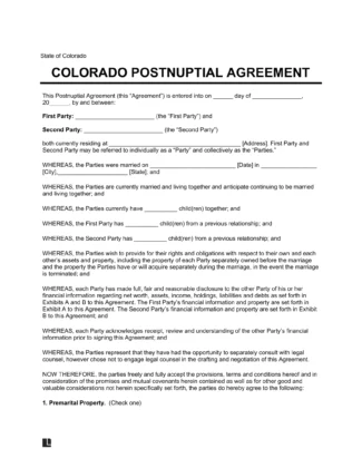 Colorado Postnuptial Agreement Template