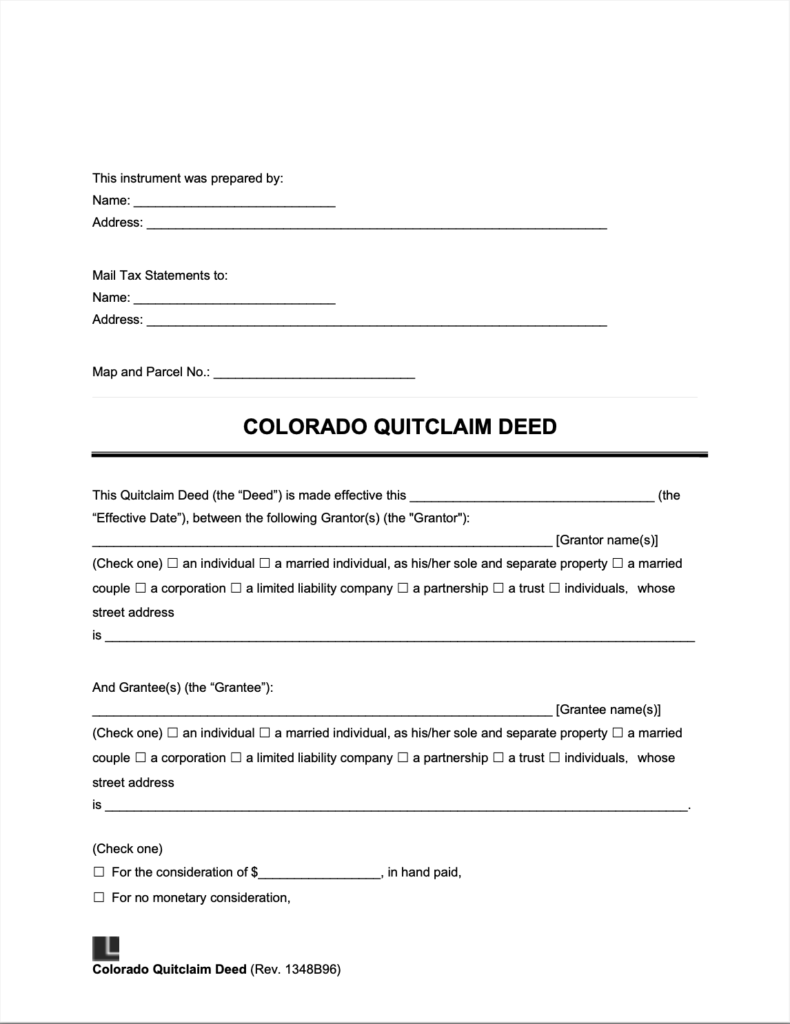 Free Colorado Quitclaim Deed Form Legal Templates