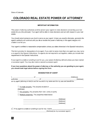 Colorado Real Estate Power of Attorney Form