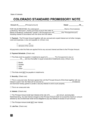 Colorado Standard Promissory Note Template
