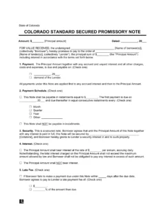 Colorado Standard Secured Promissory Note Template