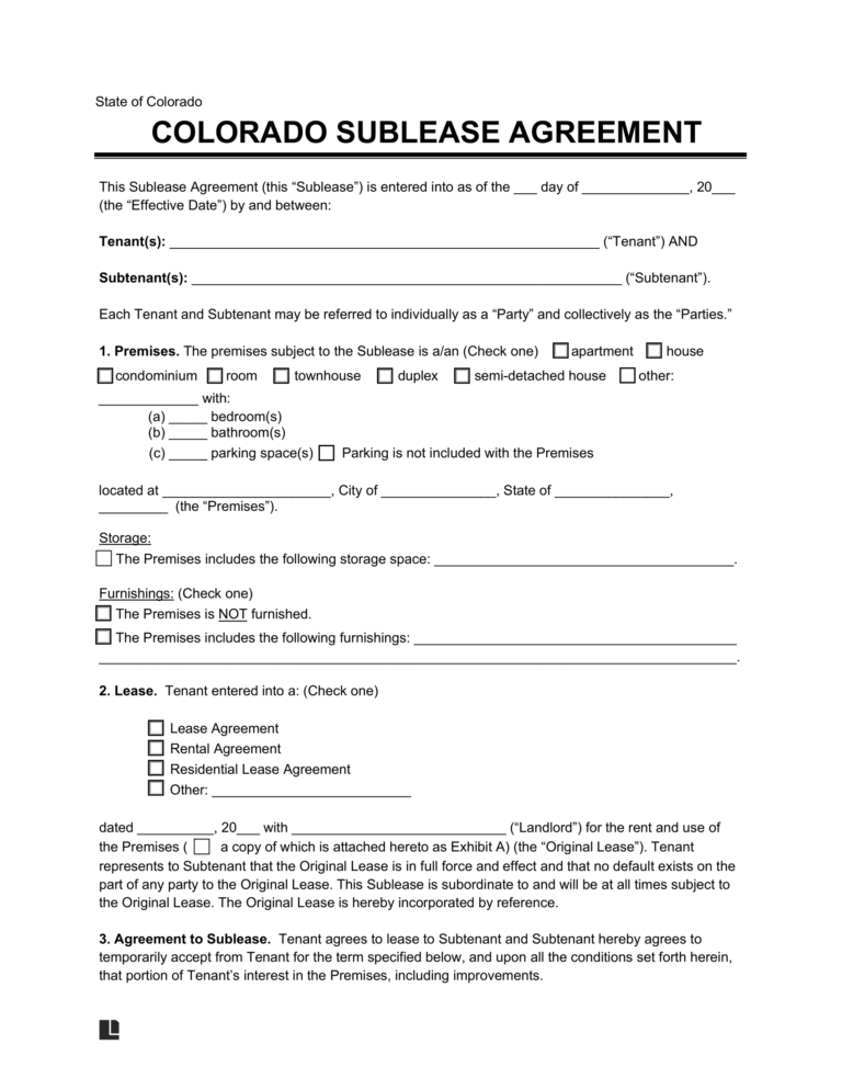 Free Colorado Sublease Agreement Template PDF & Word