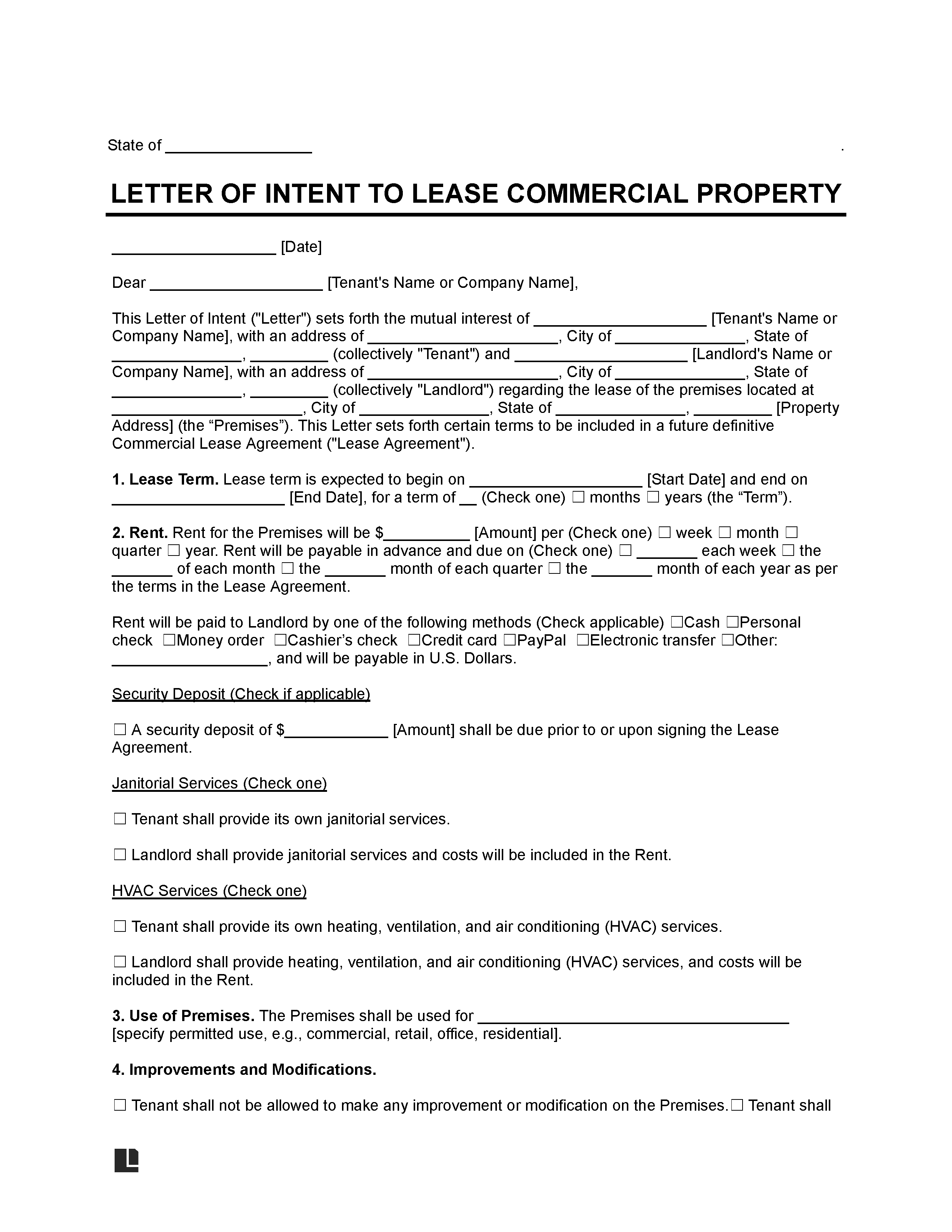 commercial lease letter of intent template