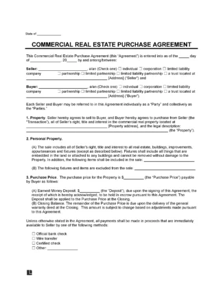 Commercial Real Estate Purchase Agreement Form