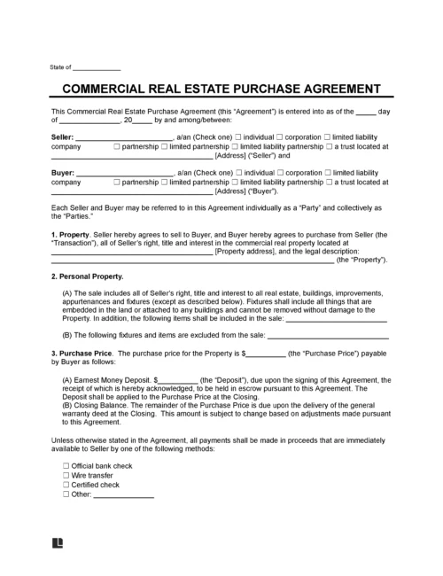 Commercial Real Estate Purchase Agreement Form