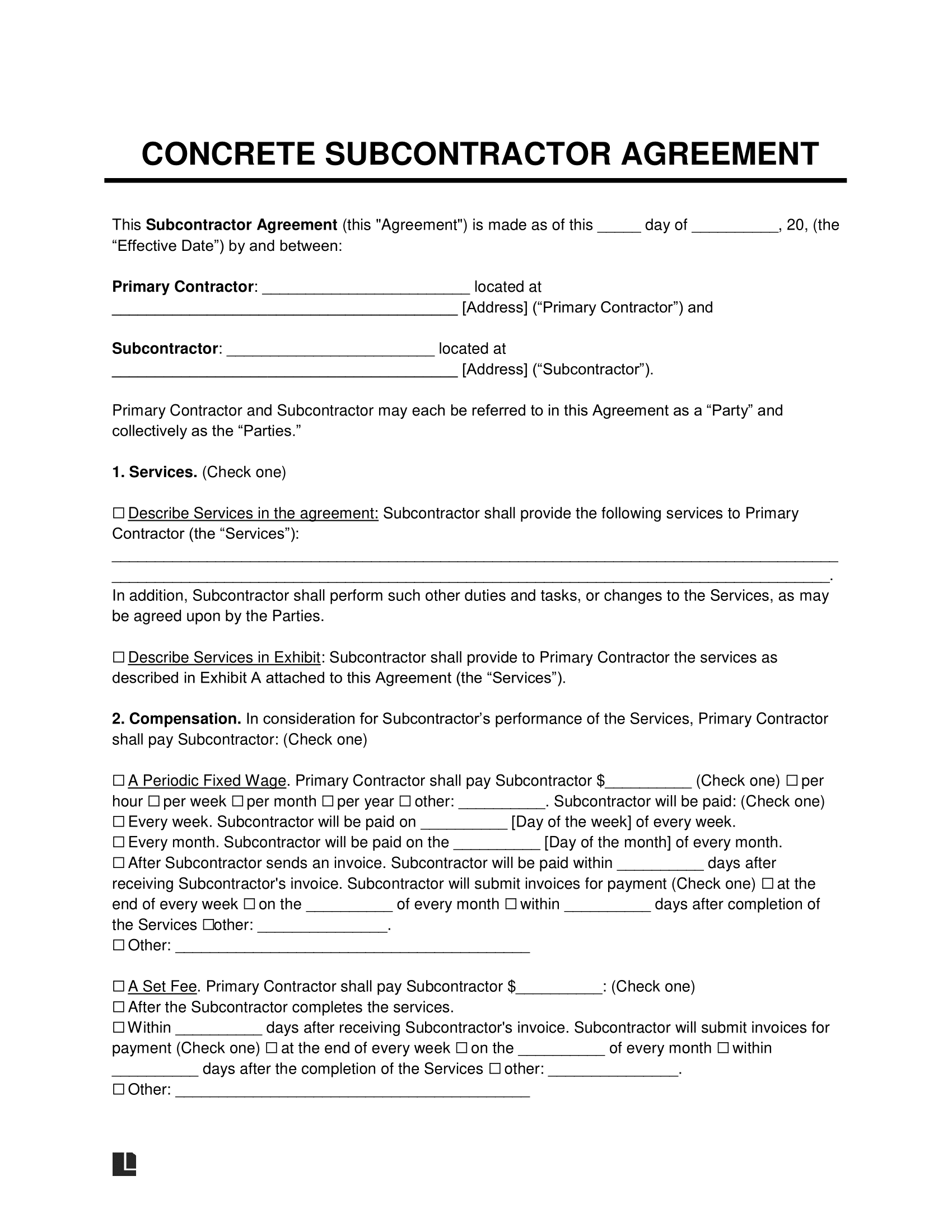 Concrete Subcontractor Agreement Template