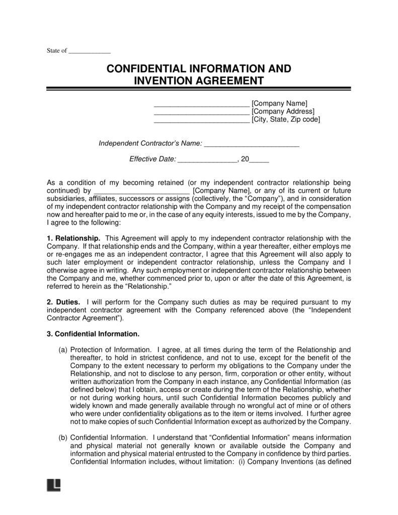 Confidential Information and Invention Assignment Agreement Template