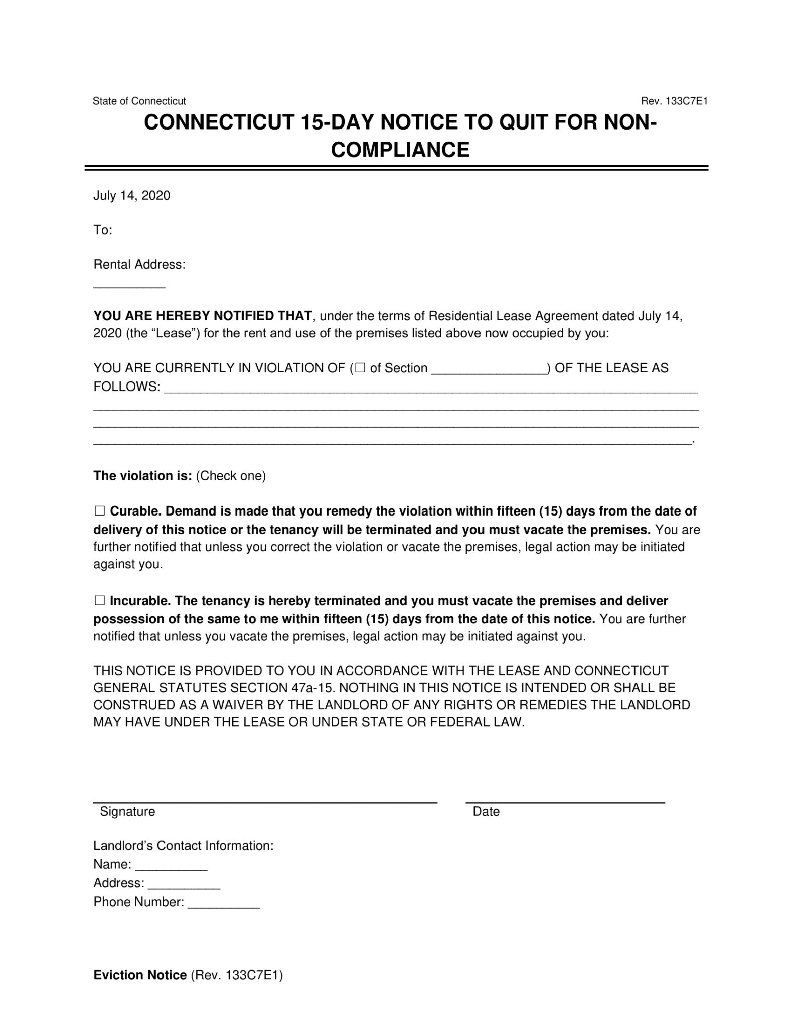 Free Connecticut 15-Day Notice to Quit | Non-Compliance | PDF & Word