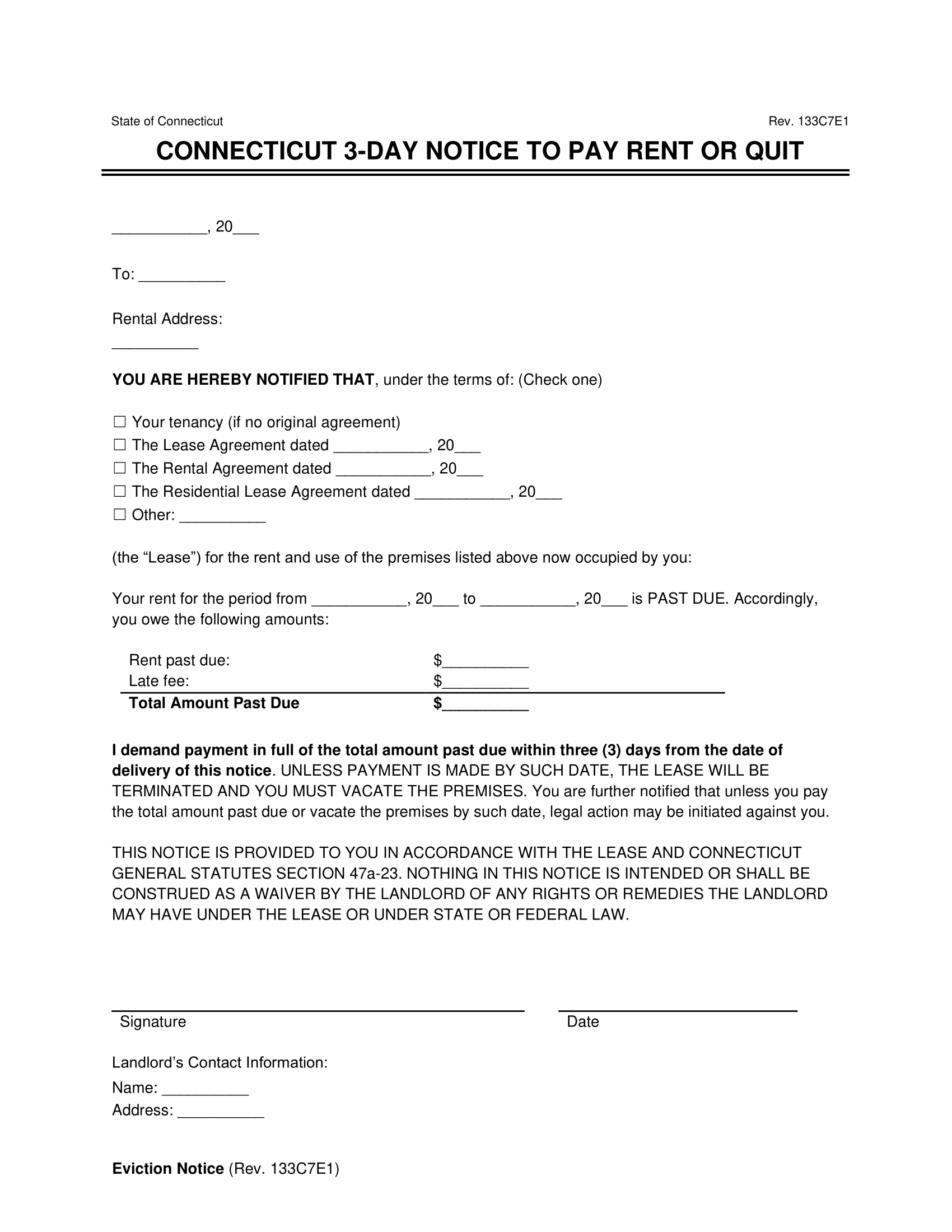 Connecticut 3-Day Notice to Quit for Non-Payment of Rent
