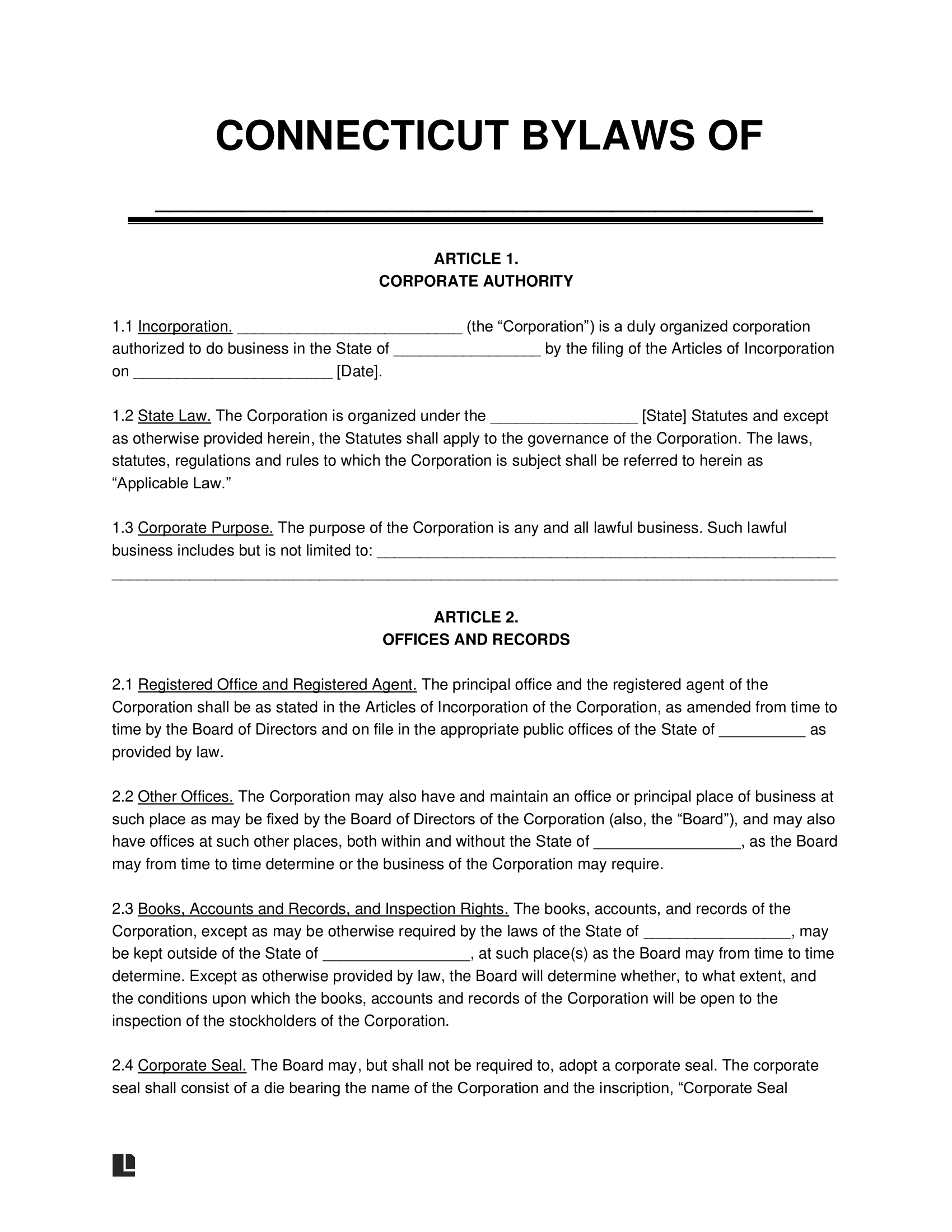 Connecticut Corporate Bylaws Template