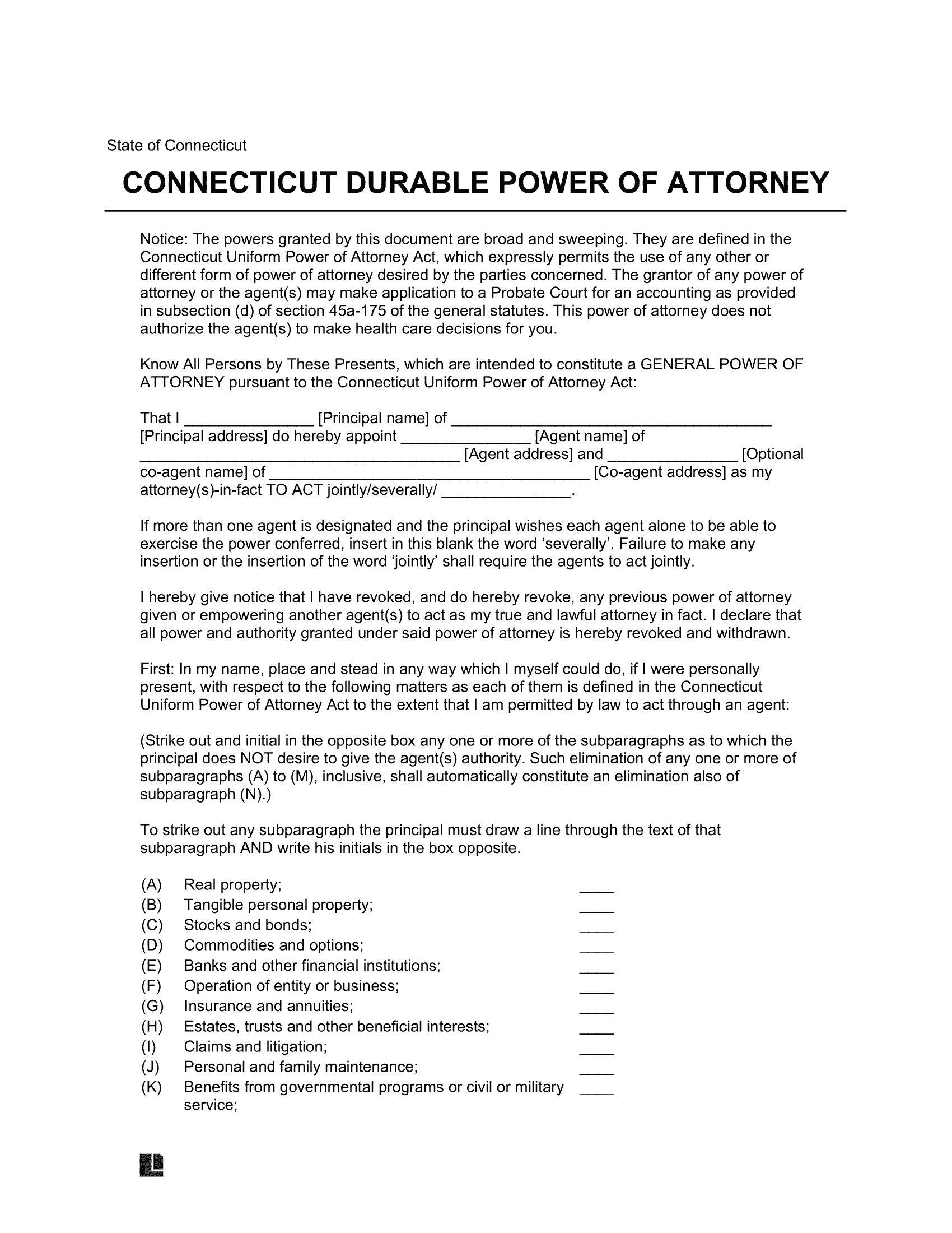 Connecticut Durable Statutory Power of Attorney Form