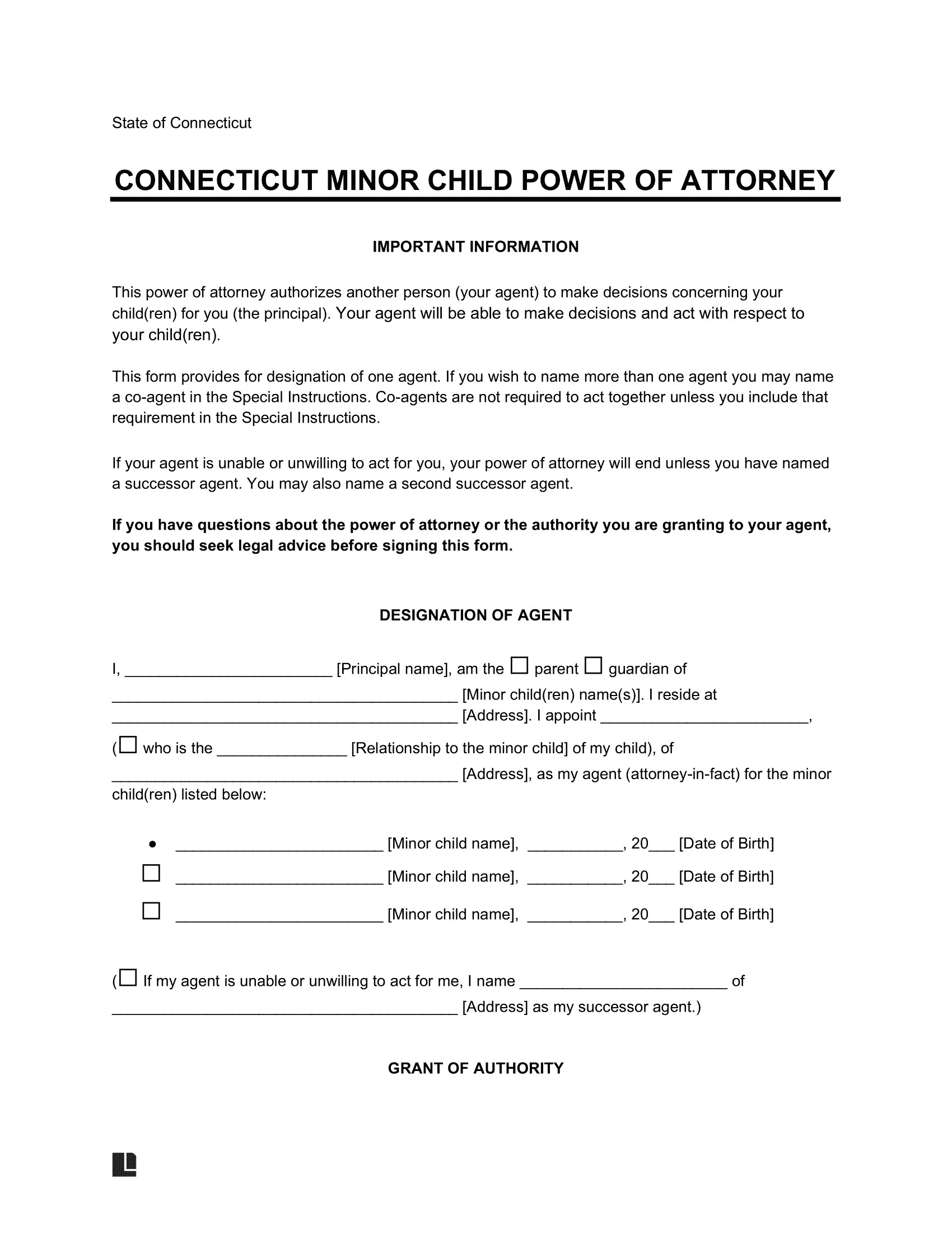 Connecticut Minor Child Power of Attorney Form