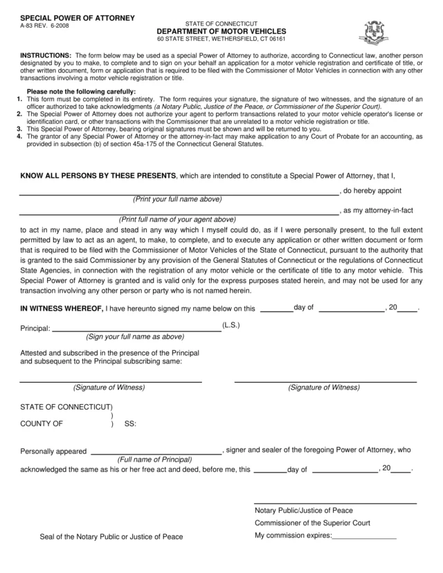 Connecticut Motor Vehicle Power of Attorney Form