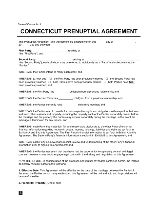 Connecticut Prenuptial Agreement Template