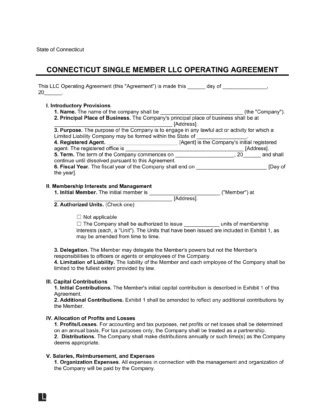 Connecticut Single Member LLC Operating Agreement Form