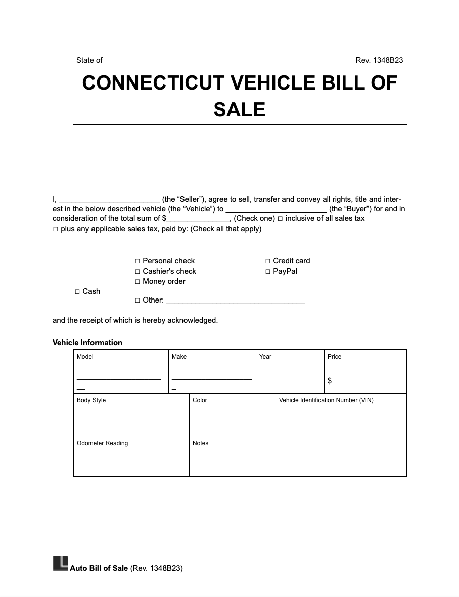 Free Connecticut Motor Vehicle Bill Of Sale Form Legal Templates