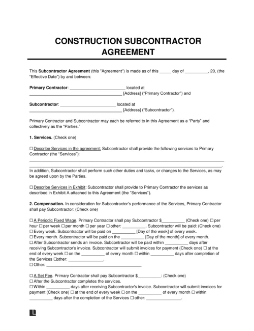 Construction Subcontractor Agreement Template