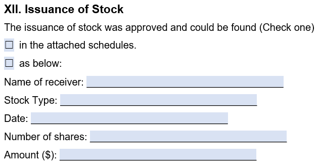 Where to detail issuance of stock in our corporate minutes template. 