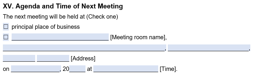 An example of where to include information about the agenda and next meeting in our template.