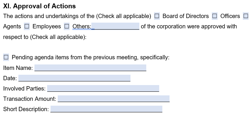 An example of where to detail approval of actions in our corporate minutes template. 