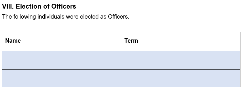 An example of where to include corporate officers details in our corporate minutes template. 