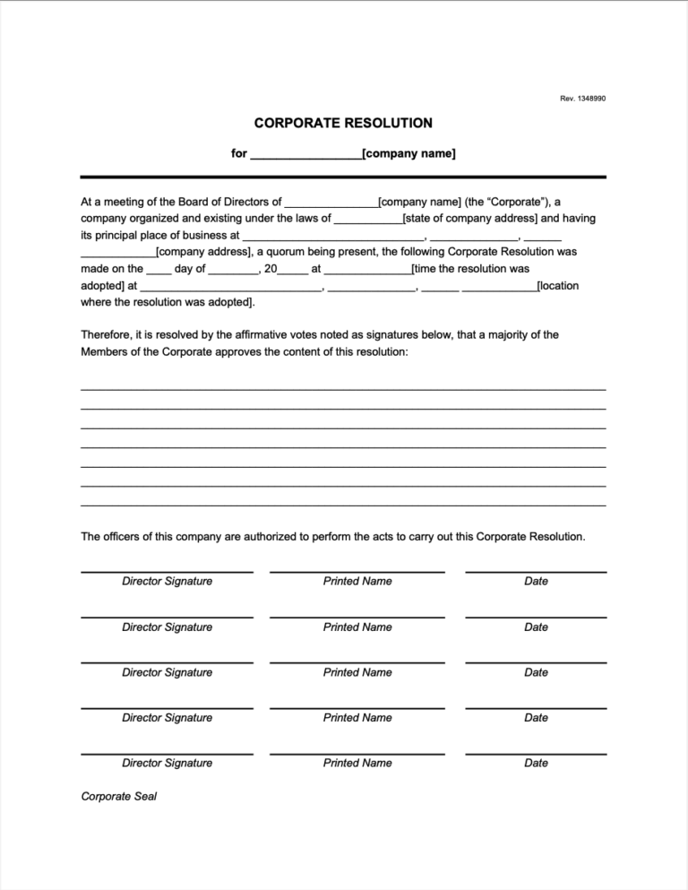 Free Corporate Resolution Template | PDF & Word