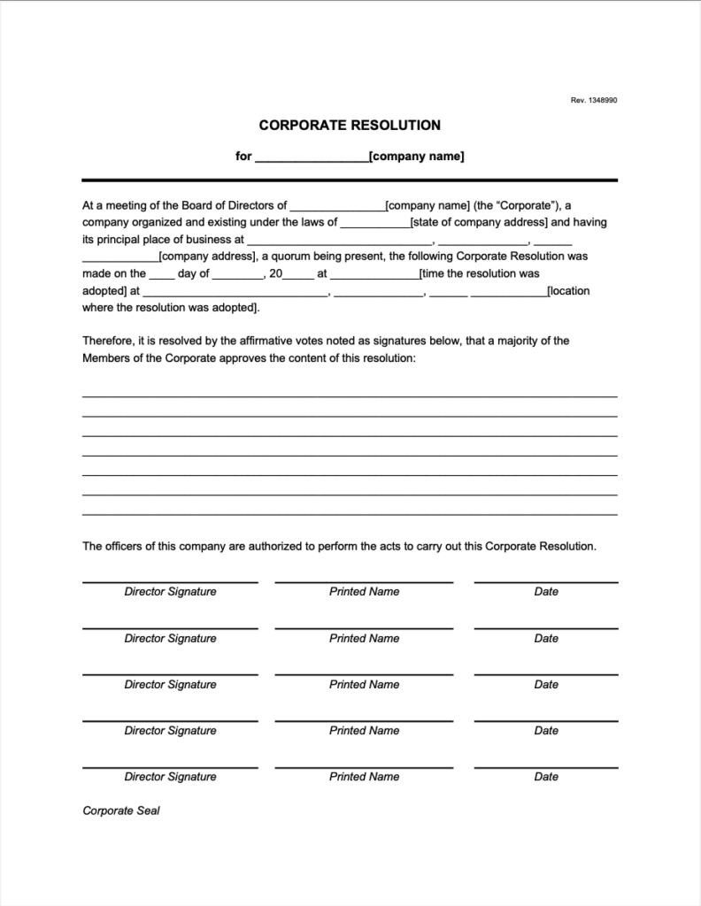 Corp Resolution Template