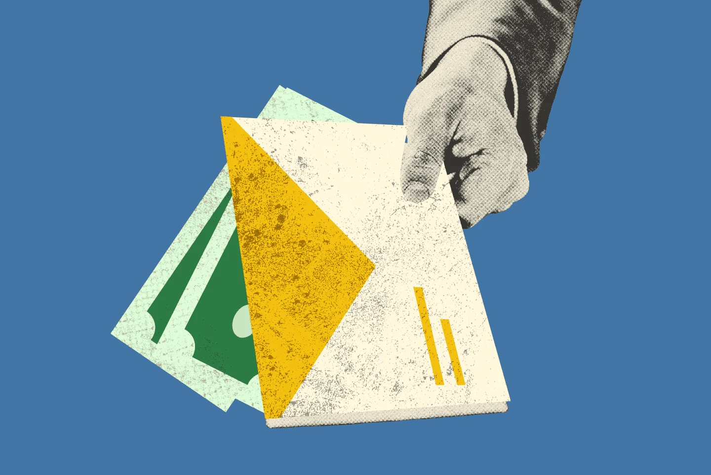 A hand holding out an envelope and a few dollar bills