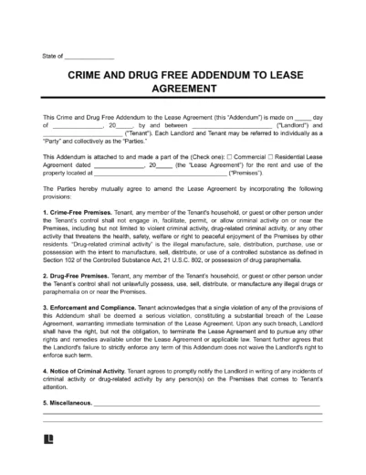 Crime and Drug Free Lease Addendum Template