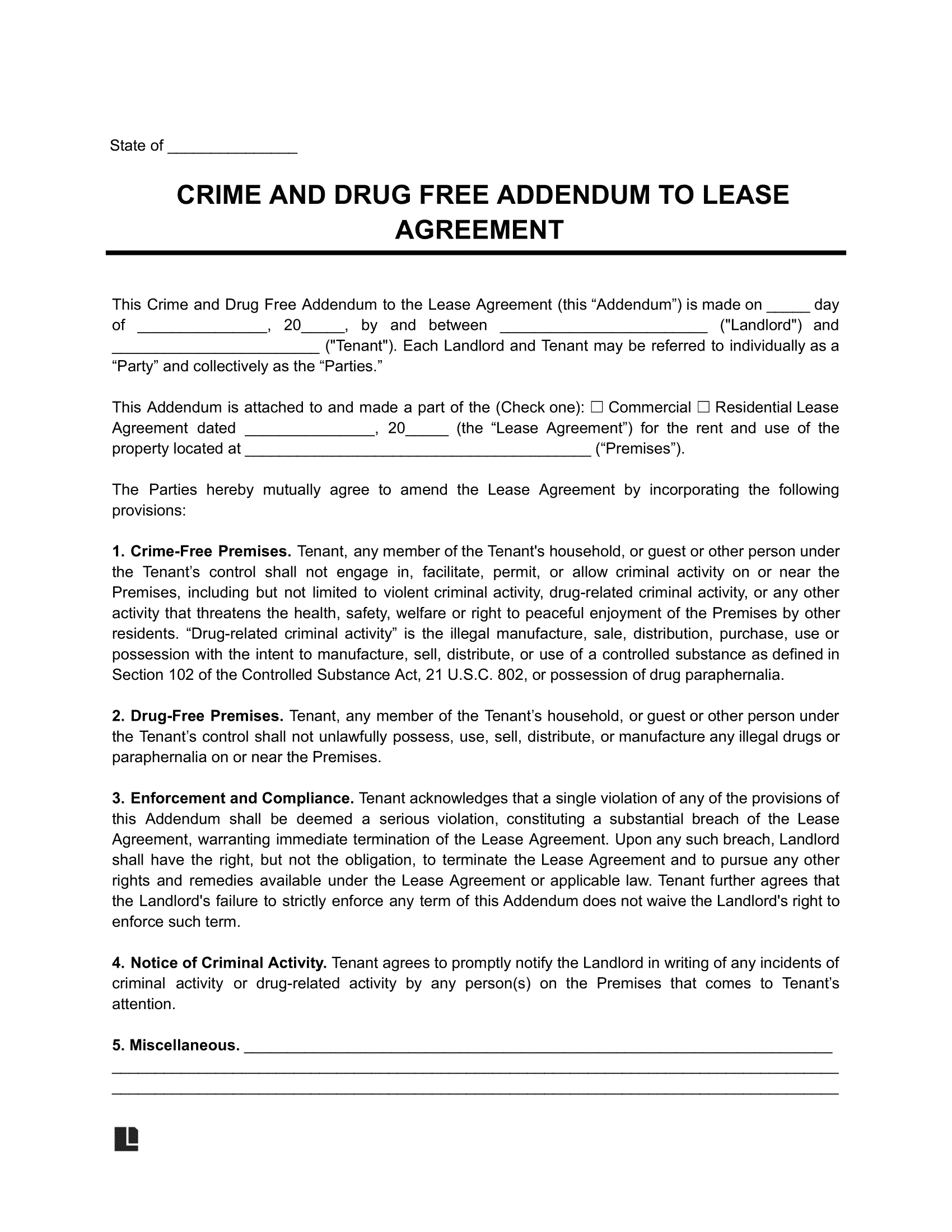 crime and drug free lease addendum template